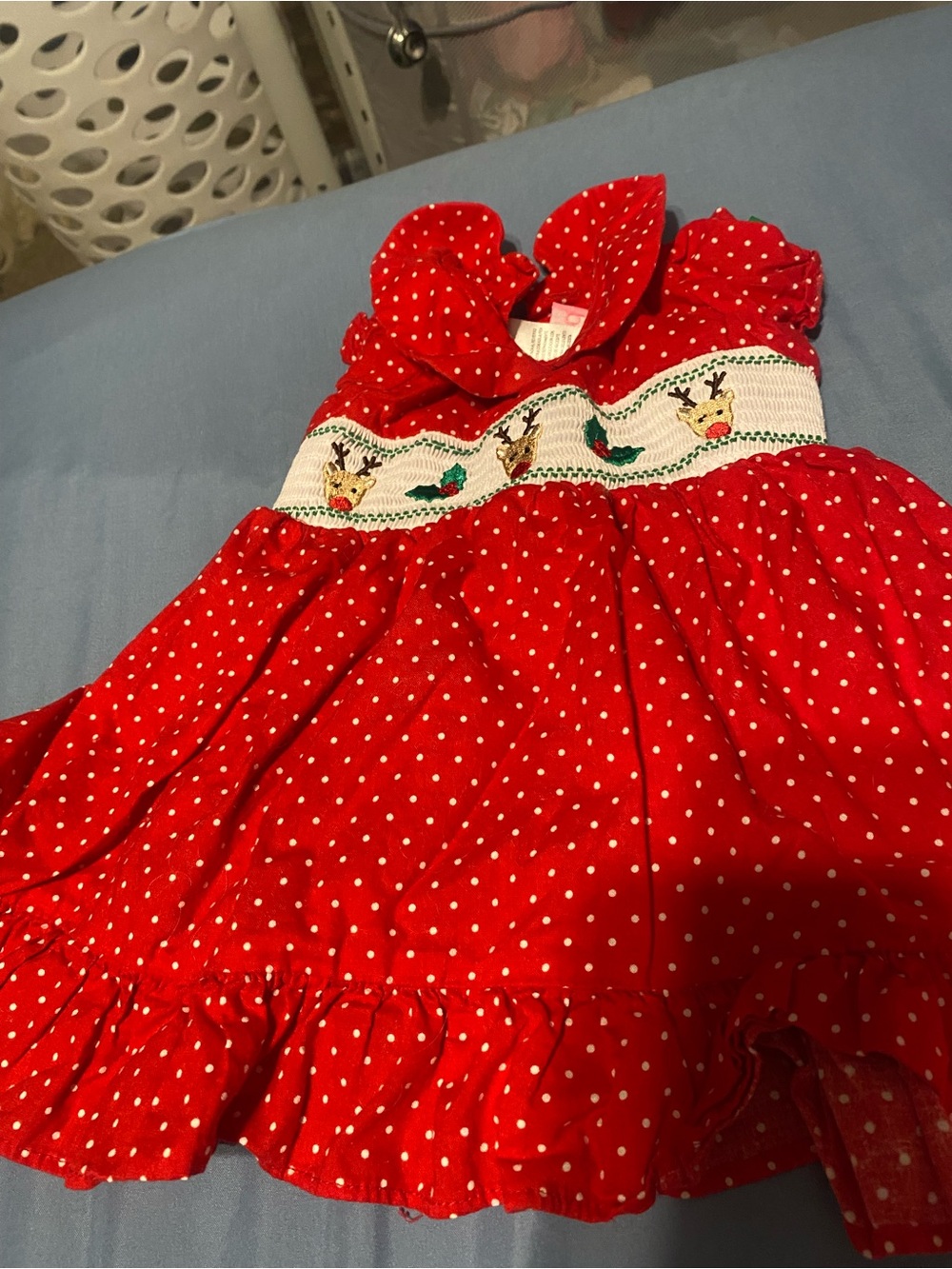 Red Polka Dot Smocked Dress with Reindeer Motif